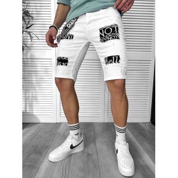 Blugi barbati scurti conici albi cu stikere 4600 G6-5 Blugi barbati scurti conici albi cu stikere 4600 G6-5