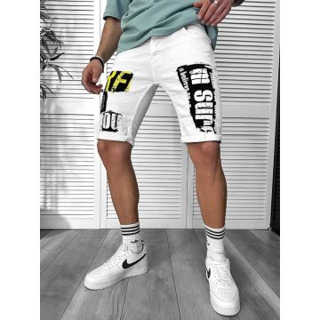 Blugi barbati scurti conici albi cu stikere 4601 D4-1.1 Blugi barbati scurti conici albi cu stikere 4601 D4-1.1