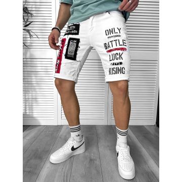Blugi barbati scurti conici albi cu stikere 4602 H3-3 Blugi barbati scurti conici albi cu stikere 4602 H3-3