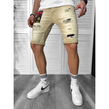 Blugi barbati scurti conici bej cu stikere 7044 H6-4 Blugi barbati scurti conici bej cu stikere 7044 H6-4