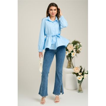 Blugi casual din denim albastri evazati cu decupaj la baza