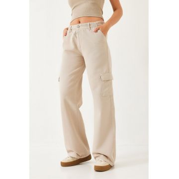 Blugi largi dama -  croiala relaxata - talie cu snur - denim - bej