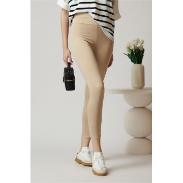 Colanti casual din lycra bej cu talie inalta
