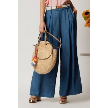 Pantaloni albastri din lyocell cu croi lejer si curea in talie Pantaloni albastri din lyocell cu croi lejer si curea in talie
