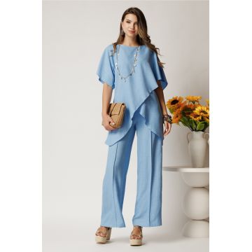 Pantaloni albastrii din rayon cu croi lejer si elastic in talie Pantaloni albastrii din rayon cu croi lejer si elastic in talie