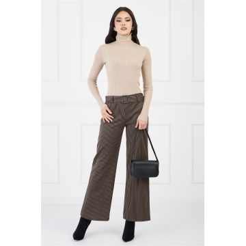 Pantaloni Andrada negri cu dungi bej si curea in talie