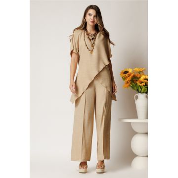 Pantaloni bej din rayon cu croi lejer si elastic in talie