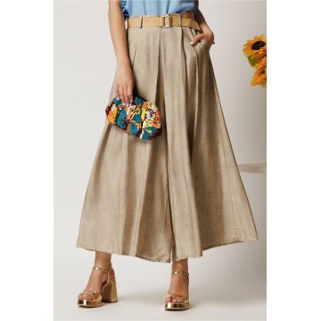 Pantaloni bej din viscoza tip fusta cu buzunare si cordon in talie
