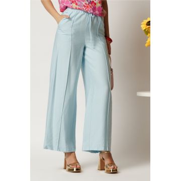 Pantaloni bleu din rayon cu croi lejer si elastic in talie Pantaloni bleu din rayon cu croi lejer si elastic in talie