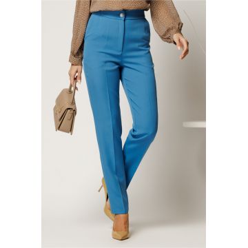 Pantaloni bleu din stofa cu croi conic si nasture perlat
