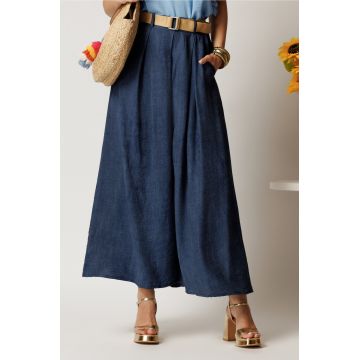 Pantaloni bleumarin din viscoza tip fusta cu buzunare si cordon in talie Pantaloni bleumarin din viscoza tip fusta cu buzunare si cordon in talie