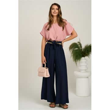 Pantaloni bleumarin evazati din viscoza cu elastic si cordon in talie