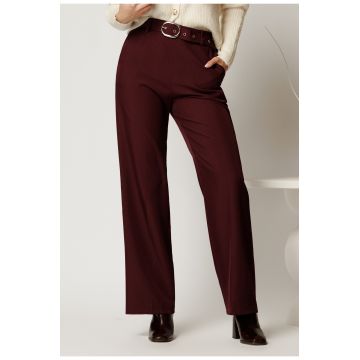 Pantaloni bordo din stofa cu croi drept si curea in talie