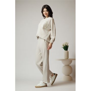 Pantaloni casual din bumbac bej cu dantela pe laterale Pantaloni casual din bumbac bej cu dantela pe laterale