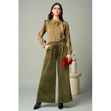 Pantaloni casual din catifea kaki cu snur in talie
