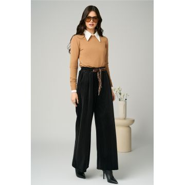 Pantaloni casual din catifea negri cu snur in talie
