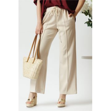 Pantaloni casual din viscoza bej cu elastic si dunga Pantaloni casual din viscoza bej cu elastic si dunga