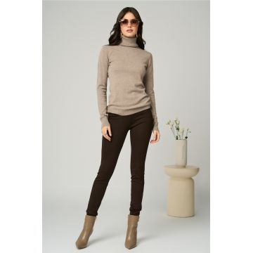 Pantaloni casual din viscoza maro cu croi conic