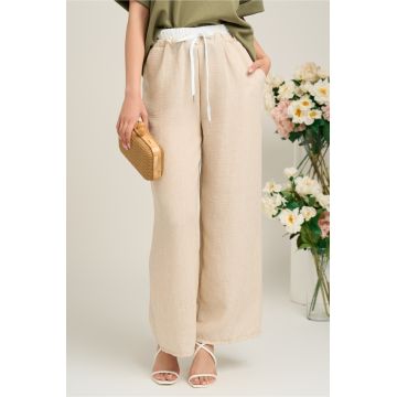 Pantaloni casual vaporosi bej cu banda alba si elastic in talie