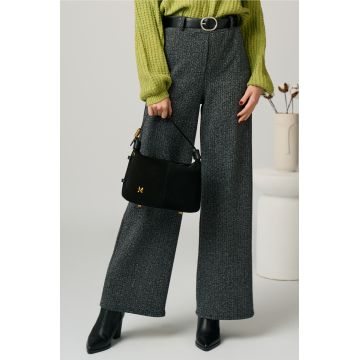 Pantaloni din tweed gri cu fir lurex si curea in talie