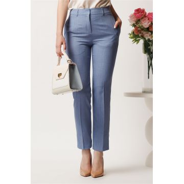 Pantaloni DY Fashion albastri din stofa conici cu dunga si buzunare