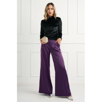 Pantaloni DY Fashion eleganti din satin mov cu croi evazat Pantaloni DY Fashion eleganti din satin mov cu croi evazat