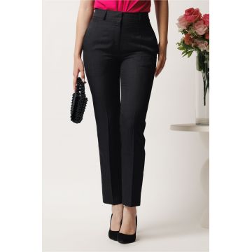 Pantaloni DY Fashion negri din stofa conici cu dunga si buzunare