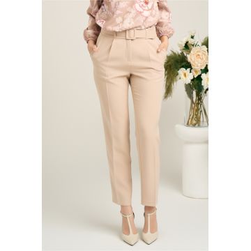 Pantaloni DY Fashion office din stofa bej cu buzunare si curea in talie