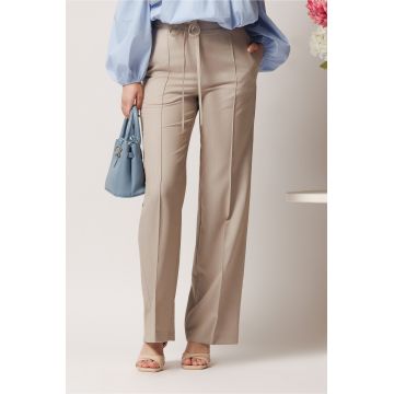 Pantaloni DY Fashion office din stofa bej cu snur in talie