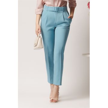 Pantaloni DY Fashion office din stofa bleu cu buzunare si curea in talie