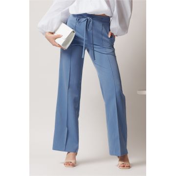 Pantaloni DY Fashion office din stofa bleu cu snur in talie Pantaloni DY Fashion office din stofa bleu cu snur in talie