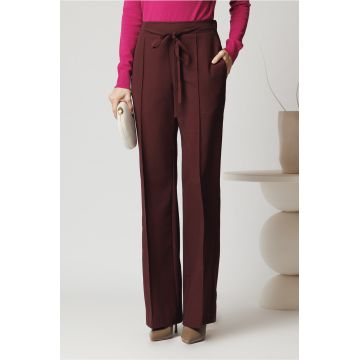 Pantaloni DY Fashion office din stofa bordo cu snur in talie