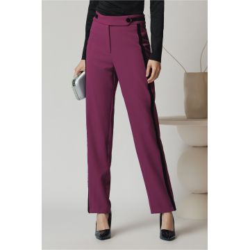 Pantaloni DY Fashion office din stofa magenta cu vipusca din catifea