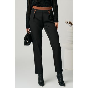 Pantaloni DY Fashion office din stofa negri si nasturi pe talie Pantaloni DY Fashion office din stofa negri si nasturi pe talie