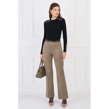 Pantaloni DY Fashion office evazati din stofa catifelata bej cu imprimeu pepit si accesoriu in talie