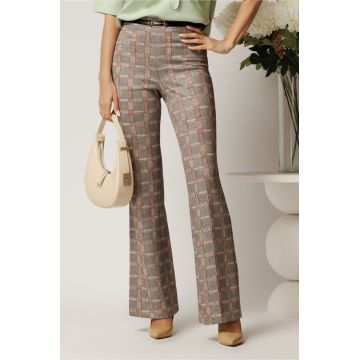 Pantaloni DY Fashion office evazati din stofa catifelata gri cu carouri si accesoriu in talie Pantaloni DY Fashion office evazati din stofa catifelata gri cu carouri si accesoriu in talie