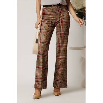 Pantaloni DY Fashion office evazati din stofa catifelata maro cu carouri bordo si accesoriu in talie