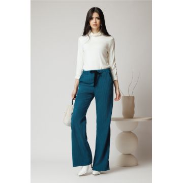 Pantaloni DY Fashion smart-casual din velur turcoaz Pantaloni DY Fashion smart-casual din velur turcoaz