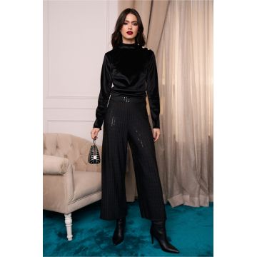 Pantaloni eleganti din crep negri cu paiete