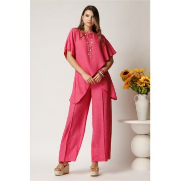 Pantaloni fucsia din rayon cu croi lejer si elastic in talie