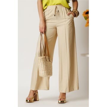 Pantaloni ivory din rayon cu croi lejer si elastic in talie