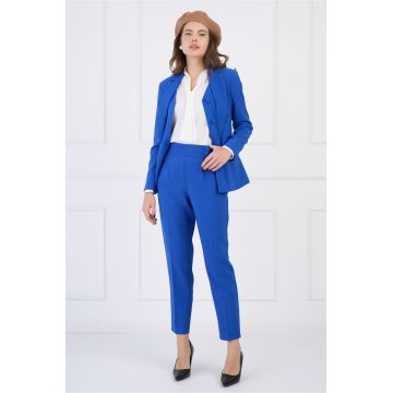 Pantaloni LaDonna office din stofa albastri cu pliuri nasturi pe talie
