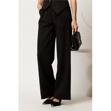 Pantaloni negri din stofa lejeri cu buzunare si snur decorativ in talie