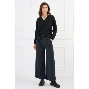 Pantaloni office din stofa antracit cu buzunare si cordon din piele ecologica