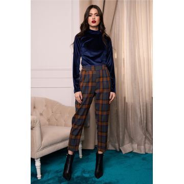 Pantaloni office din stofa bleu cu carouri maro camel