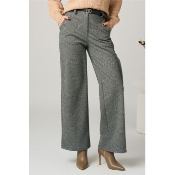 Pantaloni office din stofa gri cu croi evazat si curea in talie