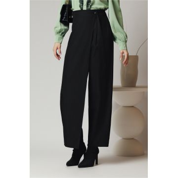 Pantaloni office din stofa negri cu aplicatie petrecuta