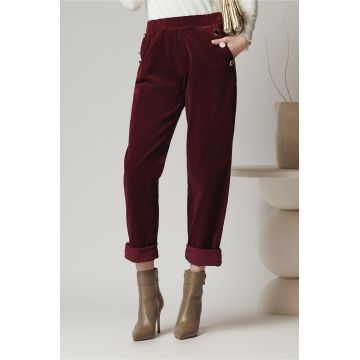 Pantaloni office din velur bordo cu nasturi la buzunare