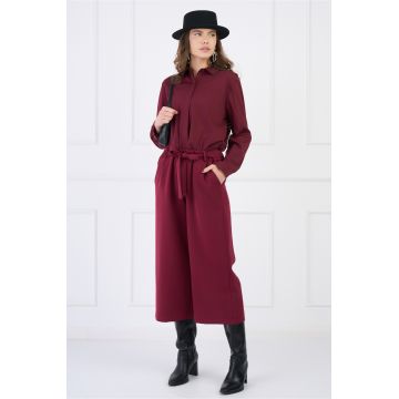 Pantaloni smart-casual din stofa bordo evazati cu buzunare si cordon
