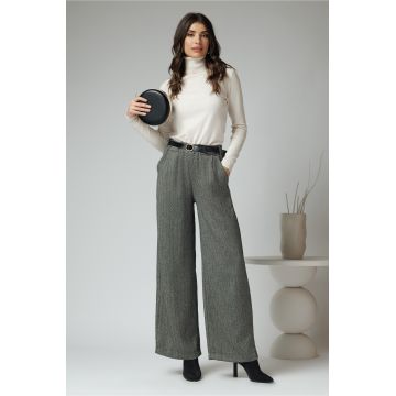 Pantaloni smart casual din stofa gri cu strasuri si curea in talie